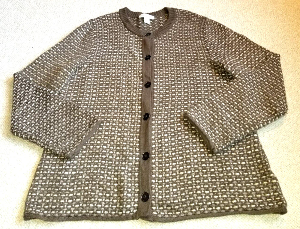 Womens Sweater-COLDWATER CREEK-brown basket weave wool blend cardigan-XL (16)